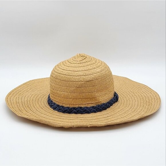 Women's Floppy Wide Brim Straw Summer Hat Tan & Navy - Picture 3 of 10